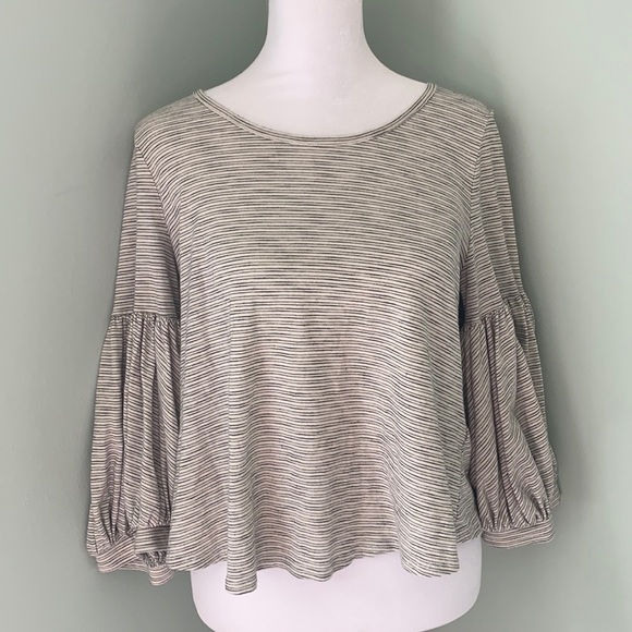 eri + ali anthro Stripe cream black puff sleeve top - Picture 1 of 5